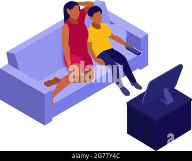 Composition cinématographique isométrique en ligne avec une mère assise sur un canapé, un garçon et un enfant regardant une illustration vectorielle de film Illustration de Vecteur