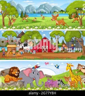 Paysage de la nature différent sur une scène de jour avec illustration de personnages de dessin animé Illustration de Vecteur