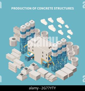 Composition isométrique et colorée de la production de ciment de béton avec production de structures de béton description illustration vectorielle Illustration de Vecteur