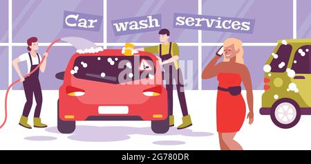 Composition de lavage de voiture avec texte et décor intérieur avec lave-auto pilotes caractères plats et illustration de vecteur de voiture Illustration de Vecteur