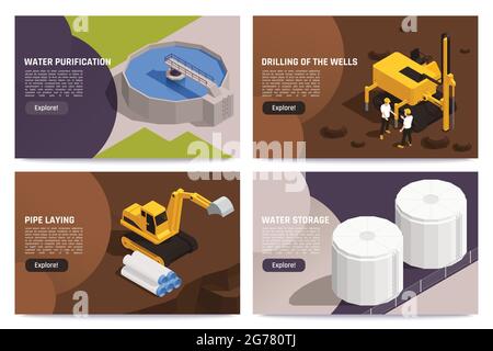 Concept d'approvisionnement en eau 4 compositions isométriques avec installations de stockage de traitement de purification puits forage pose de tuyaux illustration vectorielle Illustration de Vecteur