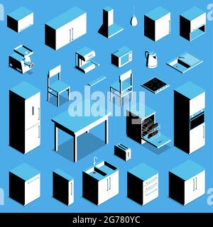 Isométrique icônes ensemble avec table de cuisine réfrigérateur cuisinière chaise de bouilloire armoire de comptoir isolé sur fond bleu illustration 3d vectorielle Illustration de Vecteur