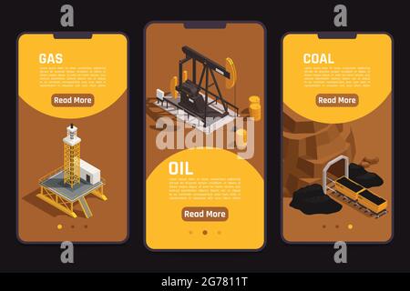 Applications de ressources naturelles 3 écrans mobiles isométriques verticaux bannières avec extraction de pétrole de gaz charbon illustration vectorielle Illustration de Vecteur