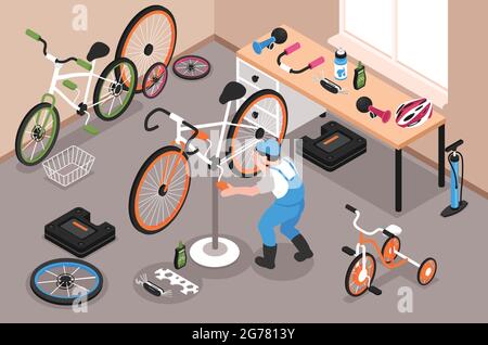 Garage de réparation de vélo avec homme fixant la pédale de vélo 3D illustration vectorielle isométrique Illustration de Vecteur