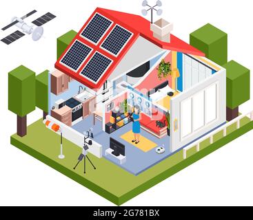 Météorologie prévisions météorologiques composition isométrique avec vue extérieure de la maison avec piles solaires et illustration du vecteur de girouette Illustration de Vecteur