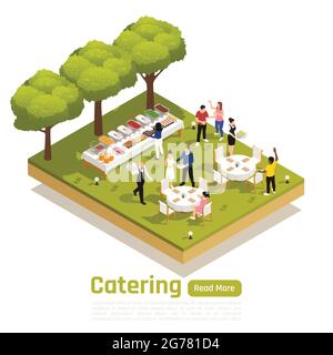 Occasions spéciales barbecue d'entreprise service de restauration extérieure site web élément isométrique avec parc naturel cérémonie de mariage illustration vectorielle Illustration de Vecteur