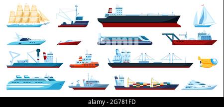 Transports en mer. Bateaux à vitesse, yachts, croisière, bateaux de pêche, sous-marin. Fret expédié avec des conteneurs d'expédition. Ensemble de vecteurs de transport maritime. Grands navires de l'océan pour le transport Illustration de Vecteur