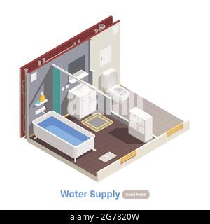 Alimentation en eau dans les immeubles résidentiels d'appartements composition isométrique avec toilettes salle de bains lavabo rempli baignoire illustration vectorielle Illustration de Vecteur