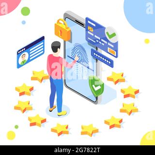 Protection des données personnelles gdpr composition isométrique avec homme et smartphone avec pictogrammes à l'intérieur de l'ue étoiles cercle illustration du vecteur Illustration de Vecteur