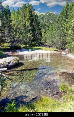 Vue panoramique sur la chute d'eau et le lac dans une montagne des Pyrénées espagnoles en une journée ensoleillée. Eau transparente. Aiguestortes i Estany of Saint Maurici Nation Banque D'Images