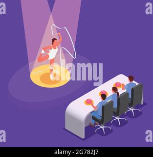 Les artistes de la télévision montrent la composition isométrique avec le caractère féminin de la femme dansante avec les juges assis à la table illustration vectorielle Illustration de Vecteur