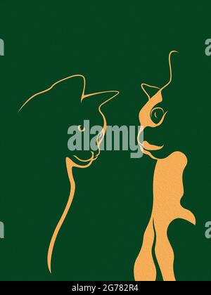 Contour abstrait de deux chats, stencil beige sur fond vert foncé Banque D'Images