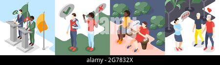 Discrimination isométrique 4x1 concept de conception avec vues des lieux publics et des personnages humains avec des bulles de pensée illustration vectorielle Illustration de Vecteur