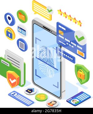 Protection des données personnelles gdpr composition isométrique avec image de smartphone avec empreinte digitale et pictogrammes de carte de crédit illustration vectorielle Illustration de Vecteur