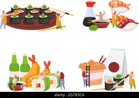 Ensemble de sushi plat de couleur icône avec plaque pleine de crevettes maki grand tempura et illustration de vecteur de service de livraison de nourriture au japon Illustration de Vecteur