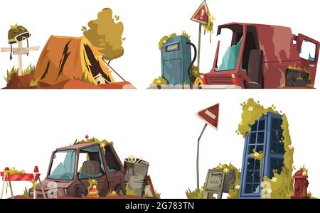 Post apocalypse 2x2 concept ensemble de conséquences de destruction après action militaire ou illustration de vecteur de catastrophe naturelle Illustration de Vecteur