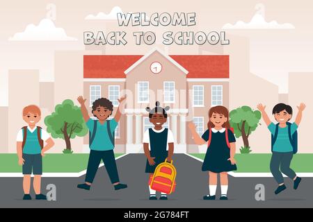 Élèves filles et garçons en uniforme avec des sacs d'école près du bâtiment de l'école, enfants heureux. Bannière de retour à l'école Illustration de Vecteur