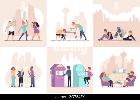 Addiction ensemble de compositions plates avec des personnages humains de personnes dépendantes avec des objets et illustration de vecteur de fond urbain Illustration de Vecteur