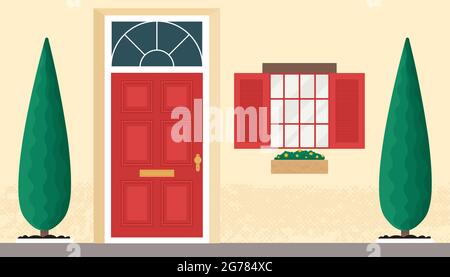 Porte et fenêtre avant en bois. Maison ancienne extérieur dans le style scandinave, européen, américain avec des plantes et des fleurs en pots. Façade de maison d'habitation Illustration de Vecteur