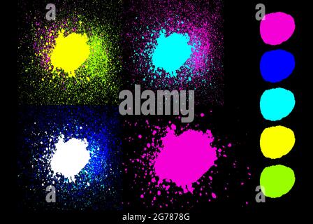 Bleu rond, vert, rose, jaune, cyan fluo couleurs explansin splatter éléments isolés sur noir. Peinture en spray cercles artistiques grunge résumé ba Illustration de Vecteur