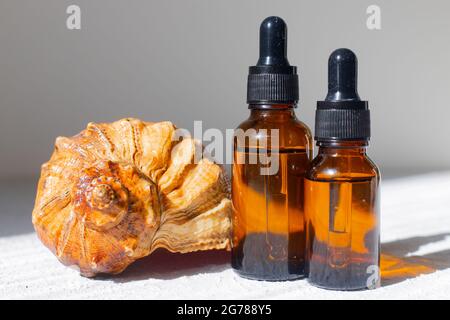 Huile et coquilles cosmétiques . Le concept d'une bouteille d'huile cosmétique sans nom. Cosmétologie. Soins de la peau. Spa. Photo de haute qualité Banque D'Images