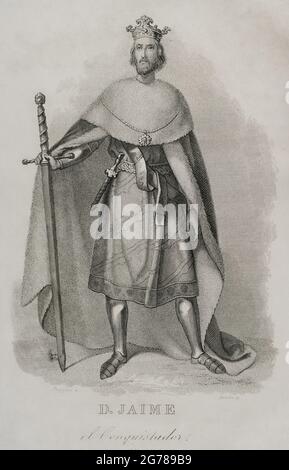 James I le Conquérant (1208-1276). Comte de Barcelone et roi d'Aragon (1213-1276), Valence (1239-1276) et Majorque (1229-1276). Illustration de Puiggarí. Gravure par Amills. Historia del Rey de Aragón Don Jaime I, el Conquistador (Histoire du Roi d'Aragon Jacques I le Conquérant). Publié à Valence, 1848. Banque D'Images