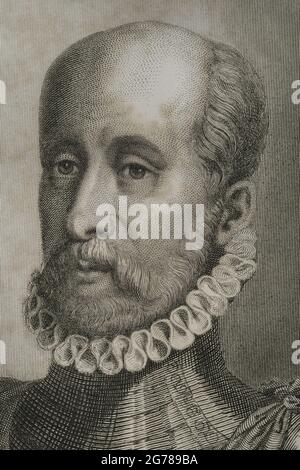 Luis de Requesens y Zúñiga (1528-1576). Militaire et politique espagnole. Commandant en Castille de l'ordre de Santiago et Gouverneur général des pays-Bas. Portrait. Gravure par Calamatta. Détails. Correspondance de Philippe II sur les affaires des pays-Bas. Publié à Bruxelles, 1858. Bibliothèque militaire historique de Barcelone, Catalogne, Espagne. Banque D'Images