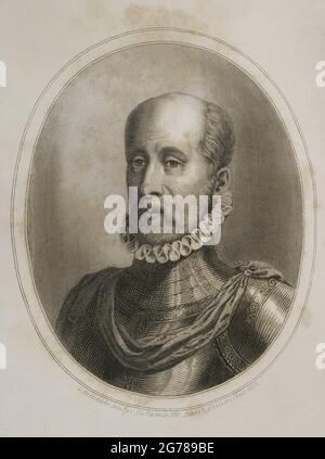 Luis de Requesens y Zúñiga (1528-1576). Militaire et politique espagnole. Commandant en Castille de l'ordre de Santiago et Gouverneur général des pays-Bas. Portrait. Gravure par Calamatta. Correspondance de Philippe II sur les affaires des pays-Bas. Publié à Bruxelles, 1858. Bibliothèque militaire historique de Barcelone, Catalogne, Espagne. Banque D'Images