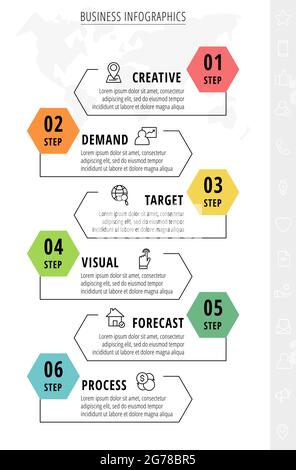 Infographies vectorielles avec 6 hexagones. Les flèches de ligne indiquent un modèle de processus avec des icônes. Calendrier moderne pour la société ou le projet d'entreprise, présent Illustration de Vecteur