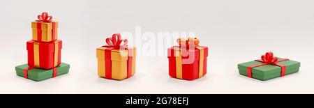 Illustration 3d des cadeaux de Noël. Boîtes-cadeaux emballées avec des attaches de ruban de différentes tailles sur un fond vide Banque D'Images