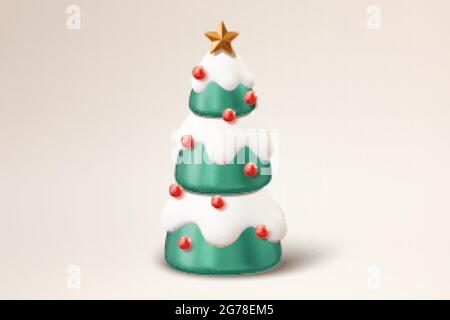 arbre de Noël décoré en 3d. Illustration d'un arbre de Noël recouvert de neige, de boules rouges et d'une étoile dorée Illustration de Vecteur