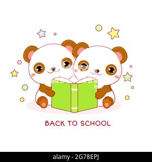 Retour à l'école. Deux jolis petits pandas blancs avec livre. Kawaii pandas a lu un livre. Illustration vectorielle EPS8 Illustration de Vecteur