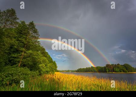 Arc-en-ciel sur ciel orageux. Paysage rural avec arc-en-ciel sur ciel sombre de tempête dans une campagne le jour de l'été. Banque D'Images