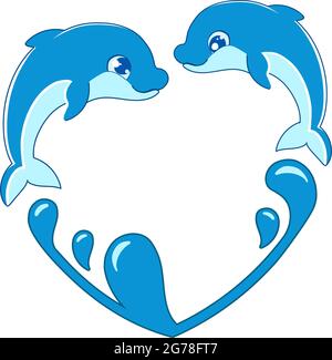 Dauphins qui nagent, sautent sur les vagues, éclaboussant l'eau. Paire de dauphins dans l'amour - coeur bleu signe. Joli motif marin pour le tissu, les vêtements de bébé, le textile, le papier d'emballage et autres décorations.Vector art. Illustration de Vecteur