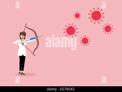 Femme médecin luttant contre le coronavirus par seringue avec le vaccin. Concept de vaccination COVID-19. Illustration de Vecteur