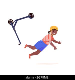 Une petite fille dans un casque tombe du scooter. Illustration de Vecteur