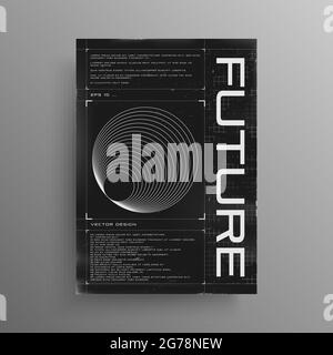 Affiche futuriste avec éléments HUD et grille laser cassée. Affiche noire et blanche de style cyber-punk avec la figure radiale. Design de la circulaire Illustration de Vecteur