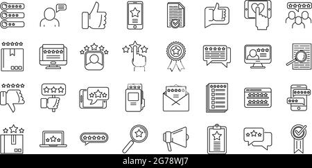 Les icônes de revue de produit en ligne définissent le vecteur de contour. Vente numérique. Commentaires des clients Illustration de Vecteur