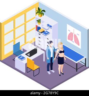 Examen médical contexte isométrique avec le médecin à l'écoute des poumons du patient dans l'illustration de vecteur de bureau médical Illustration de Vecteur