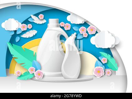 Nettoyant liquide emballage bouteille en plastique maquette sur podium, fond floral coupé en papier. Publicités sur les produits chimiques ménagers, vecteur. Illustration de Vecteur