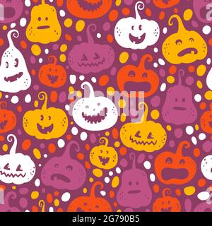 Mignon main dessiné Halloween sans couture motif avec citrouilles, heureux, en colère, surpris, idéal pour les textiles, papiers peints, wrapping, surfaces - conception vectorielle Illustration de Vecteur