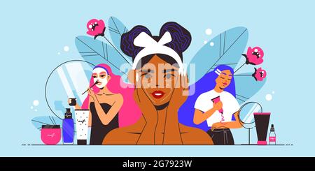 Cosmétologie femme composition horizontale avec des personnages de filles avec des produits cosmétiques masques faciaux crèmes et gommages illustration vectorielle Illustration de Vecteur