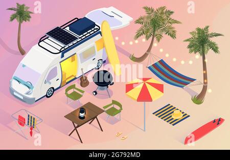 Parc de caravanes isométrique avec parapluie de planches de surf de van hamac palmiers sur la plage pendant le coucher du soleil illustration 3d vecteur Illustration de Vecteur