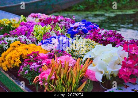 Fleurs sur le bateau shikara au marché flottant le matin. Vue sur le lac Dal à Srinagar, État du Cachemire, Inde. Juin 2018 Banque D'Images