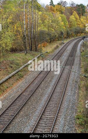 Europe, Germany, Southern Germany, Baden-Wuerttemberg, Stuttgart, train tracks in the autumn forest Banque D'Images