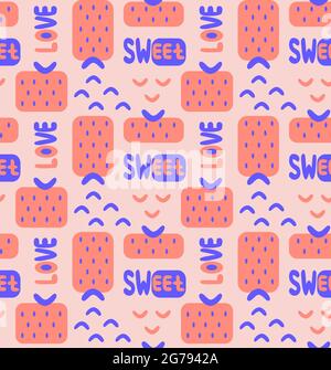 Abstrait minimaliste memphis style sans couture motif avec la forme géométrique fraise, arcs bleus, doux et l'amour main de texte dessiné, illustration moderne de vecteur d'arrière-plan Illustration de Vecteur