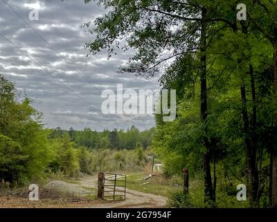 Une route de terre rurale dans le pays avec beau fond de nature dans l'été en Géorgie panneaux de propriété privée à l'entrée Banque D'Images