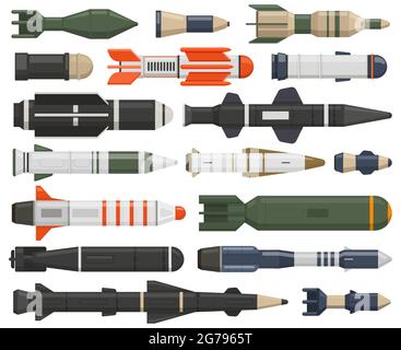 Arme militaire à roquette. Jeu d'illustrations vectorielles d'armes balistiques, nucléaires, de bombes aériennes, de missiles de croisière et de charges de profondeur. Roquettes militaires Illustration de Vecteur