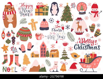 Éléments de Noël. Hiver vacances chaussettes douillettes décorations, sapin et bonhomme de neige ensemble d'illustration. Noël mignons décorations dessinées à la main Illustration de Vecteur