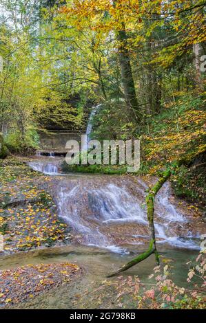 Allemagne, Bavière, Scheidegg, chutes d'eau de Scheidegger, petit pas d'automne sous la première cascade. Les cascades de Scheidegger sont sur la liste des plus beaux géotopes de Bavière. Banque D'Images